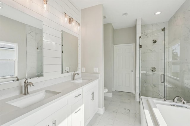 5534 Fairlane Dr, North Port, FL 34288 - bathroom with marble look tiles, a marble finish shower, double vanity, recessed lighting, and a bath
