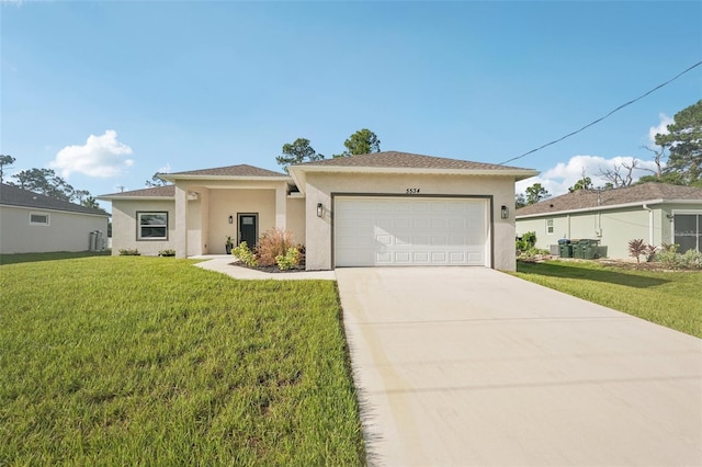 5534 Fairlane Dr, North Port, FL 34288 - view of front of house with stucco siding, concrete driveway, a garage, and a front lawn