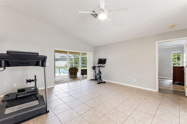 6118 56th Ter E, Bradenton, FL 34203 - exercise room with ceiling fan, light tile patterned floors, and high vaulted ceiling