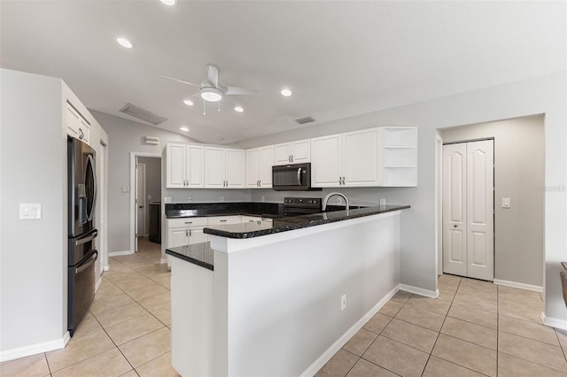 6118 56th Ter E, Bradenton, FL 34203 - kitchen with black appliances, light tile patterned flooring, ceiling fan, open shelves, and recessed lighting