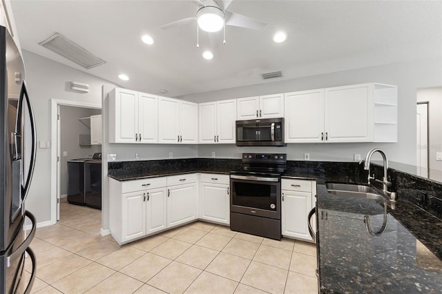 6118 56th Ter E, Bradenton, FL 34203 - kitchen featuring appliances with stainless steel finishes, washer and clothes dryer, open shelves, white cabinets, and ceiling fan