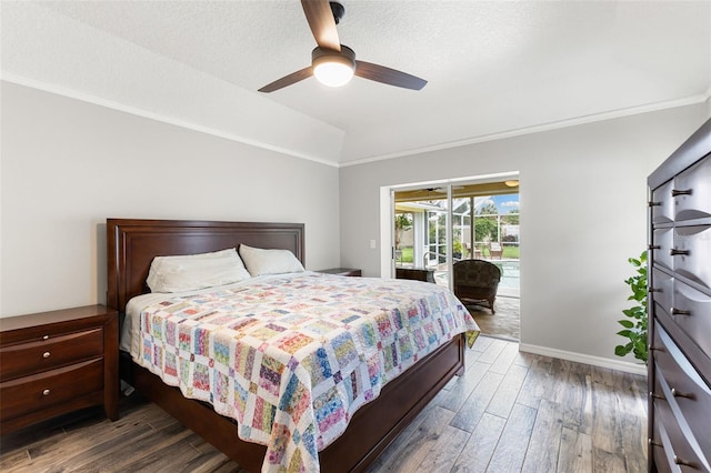 6118 56th Ter E, Bradenton, FL 34203 - bedroom with access to outside, lofted ceiling, ornamental molding, wood finished floors, and ceiling fan
