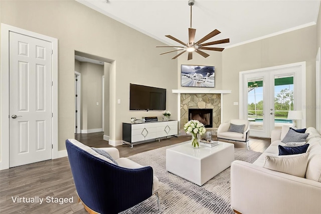 2555 Pear St, Port Charlotte, FL 33948 - living room with ornamental molding, a high ceiling, ceiling fan, wood finished floors, and french doors
