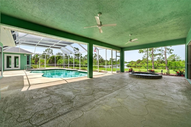2555 Pear St, Port Charlotte, FL 33948 - outdoor pool featuring a patio, french doors, a ceiling fan, and glass enclosure