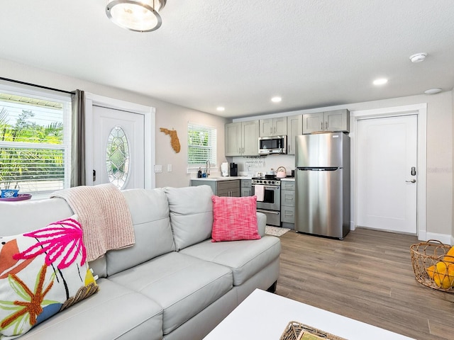 544 Canal Rd, Sarasota, FL 34242 - living room with light wood-type flooring, recessed lighting, and a textured ceiling