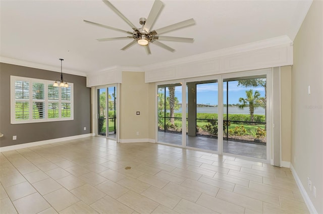 1226 Riverscape St, Bradenton, FL 34208 - unfurnished room with a chandelier, ceiling fan, crown molding, and light tile patterned floors