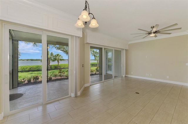 1226 Riverscape St, Bradenton, FL 34208 - spare room with ornamental molding, a ceiling fan, and a water view