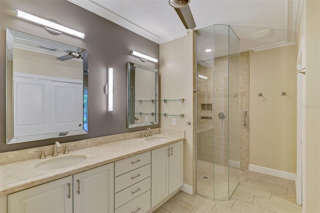 1226 Riverscape St, Bradenton, FL 34208 - full bathroom with a shower stall, double vanity, crown molding, and tile patterned floors