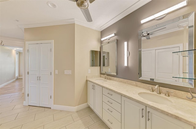 1226 Riverscape St, Bradenton, FL 34208 - full bathroom featuring a ceiling fan, double vanity, and ornamental molding