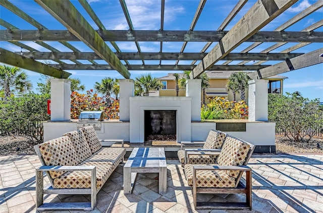 1226 Riverscape St, Bradenton, FL 34208 - view of patio featuring an outdoor living space with a fireplace, a pergola, and an outdoor kitchen