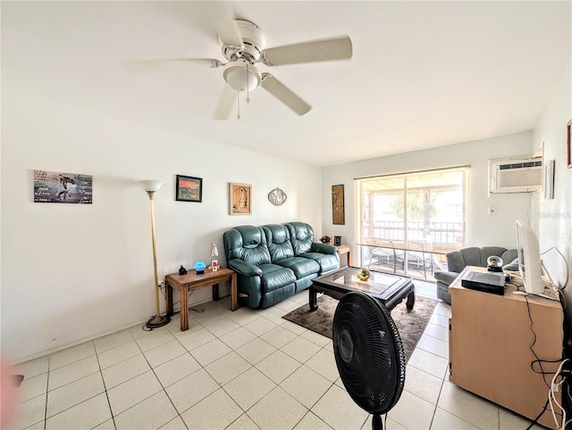 5948 Easy St Unit K35, Bradenton, FL 34207 - living room with a ceiling fan, a wall mounted AC, and light tile patterned floors
