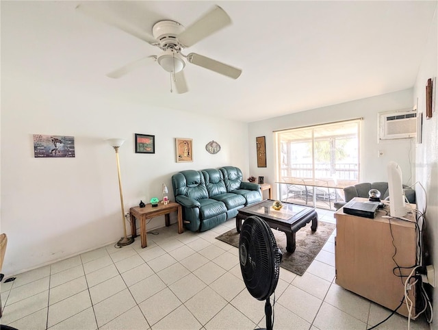 5948 Easy St Unit K35, Bradenton, FL 34207 - living room featuring a wall mounted AC, ceiling fan, and light tile patterned floors