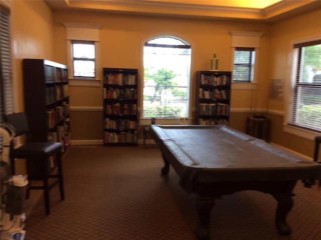 8397 38th Street Cir E Unit 305, Sarasota, FL 34243 - game room featuring a tray ceiling, plenty of natural light, carpet flooring, and crown molding