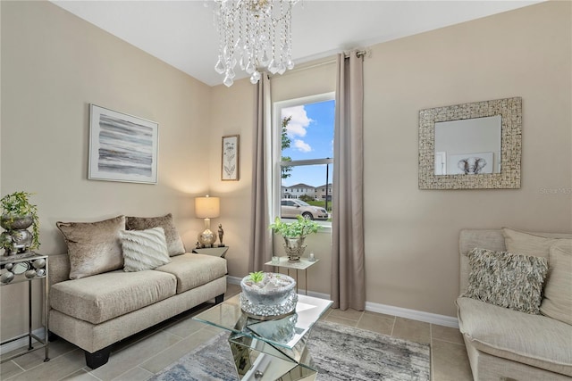 5313 Halewood Ct, Lakewood Ranch, FL 34211 - tiled living room featuring a chandelier and baseboards