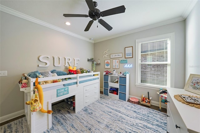636 Meadow Lake Dr, Freeport, FL 32439 - bedroom featuring crown molding, recessed lighting, a ceiling fan, and wood finished floors