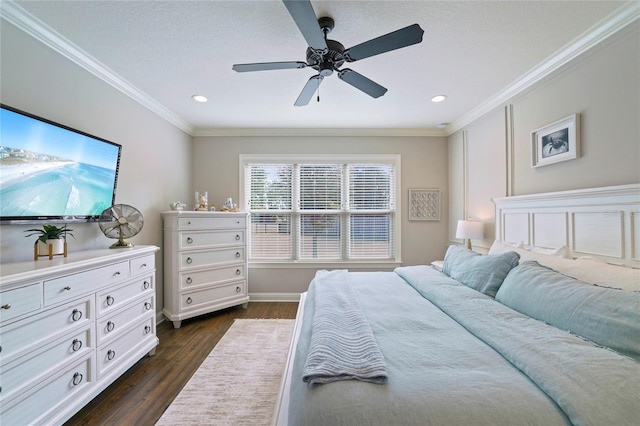 636 Meadow Lake Dr, Freeport, FL 32439 - bedroom with crown molding, dark wood-style floors, recessed lighting, and ceiling fan