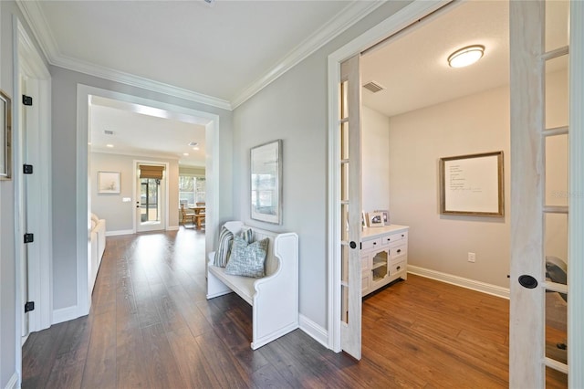 636 Meadow Lake Dr, Freeport, FL 32439 - hallway featuring dark wood finished floors and ornamental molding