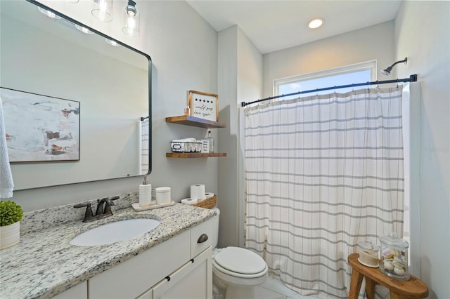 636 Meadow Lake Dr, Freeport, FL 32439 - bathroom with vanity, curtained shower, and recessed lighting