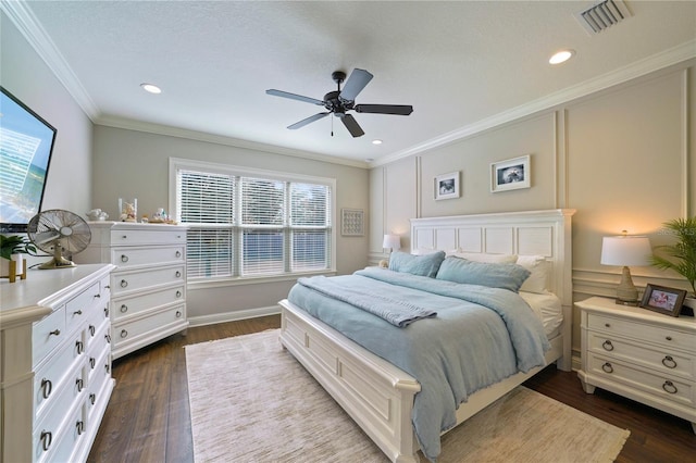 636 Meadow Lake Dr, Freeport, FL 32439 - bedroom with ornamental molding, dark wood-style floors, ceiling fan, and recessed lighting