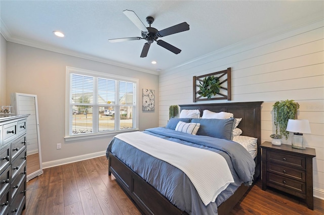 636 Meadow Lake Dr, Freeport, FL 32439 - bedroom with ornamental molding, dark wood-style flooring, recessed lighting, and a ceiling fan