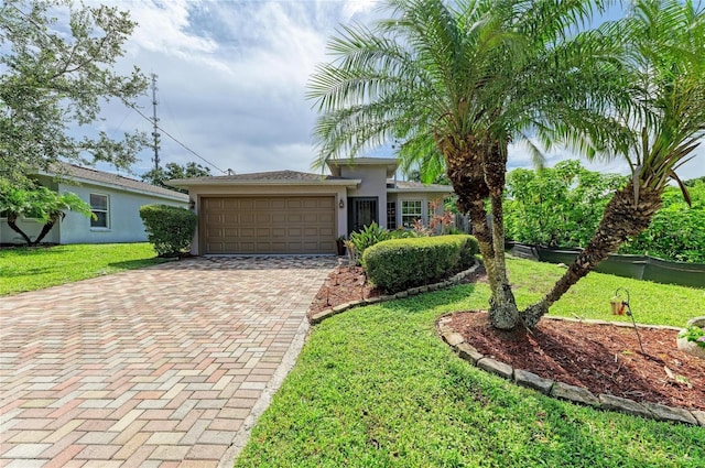 133 Tucker Ave, Sarasota, FL 34232 - view of front of house featuring decorative driveway, an attached garage, stucco siding, and a front yard
