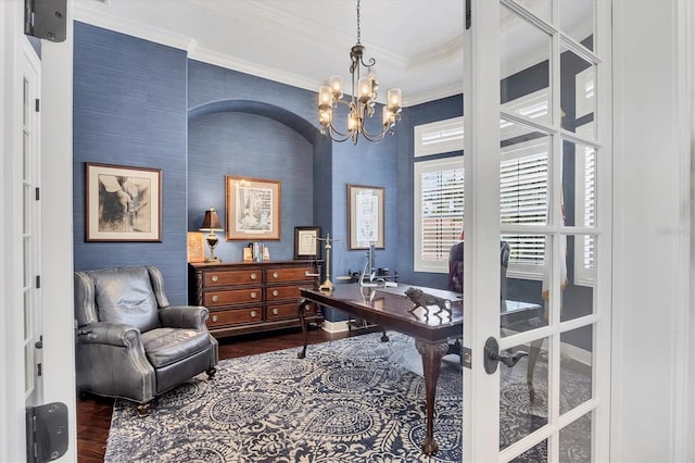 14611 Leopard Creek Pl, Lakewood Ranch, FL 34202 - home office featuring dark wood finished floors, crown molding, and a chandelier