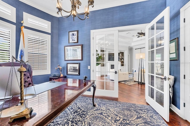 14611 Leopard Creek Pl, Lakewood Ranch, FL 34202 - office featuring french doors, wood finished floors, ceiling fan, and a chandelier