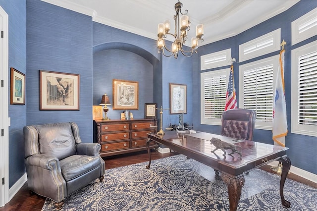 14611 Leopard Creek Pl, Lakewood Ranch, FL 34202 - office featuring ornamental molding, dark wood-style flooring, and a chandelier