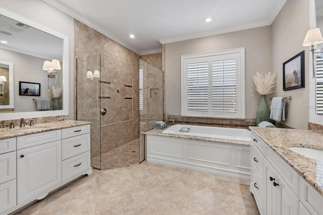 14611 Leopard Creek Pl, Lakewood Ranch, FL 34202 - bathroom featuring two vanities, a stall shower, a bath, crown molding, and recessed lighting