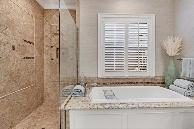 14611 Leopard Creek Pl, Lakewood Ranch, FL 34202 - bathroom featuring a bath, a shower stall, healthy amount of natural light, and crown molding
