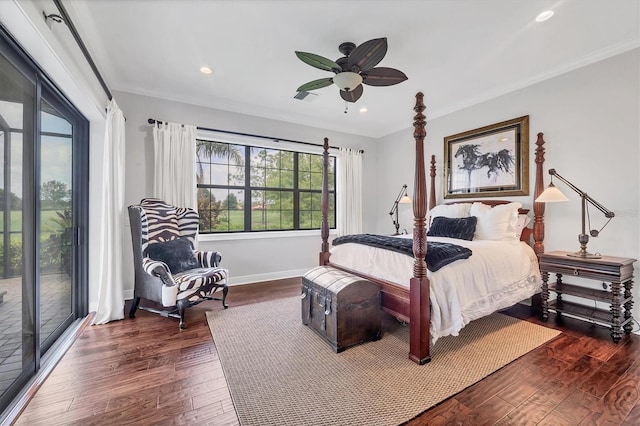 14611 Leopard Creek Pl, Lakewood Ranch, FL 34202 - bedroom with access to outside, wood finished floors, ceiling fan, recessed lighting, and ornamental molding