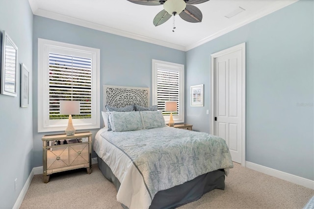 14611 Leopard Creek Pl, Lakewood Ranch, FL 34202 - bedroom featuring light colored carpet, multiple windows, crown molding, and ceiling fan