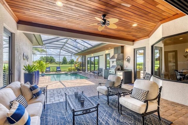 14611 Leopard Creek Pl, Lakewood Ranch, FL 34202 - view of patio featuring an outdoor hangout area, area for grilling, a ceiling fan, an outdoor pool, and glass enclosure