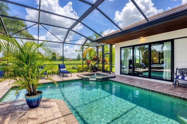 14611 Leopard Creek Pl, Lakewood Ranch, FL 34202 - view of pool with a patio area, a pool with connected hot tub, and glass enclosure