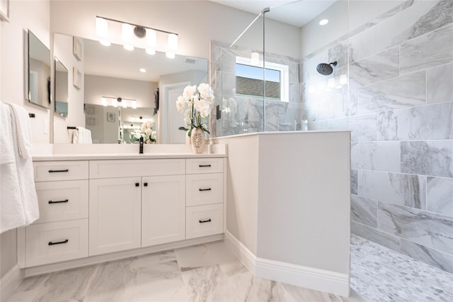 4316 Rustling Pines Ter, Parrish, FL 34219 - full bath featuring walk in shower, marble finish floors, vanity, and recessed lighting