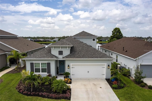 4316 Rustling Pines Ter, Parrish, FL 34219 - traditional home with a shingled roof, an attached garage, driveway, a residential view, and a front yard
