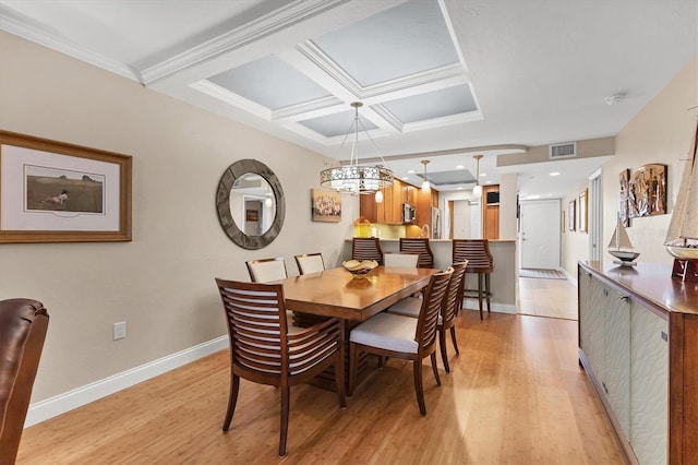 840 The Esplanade N Unit 805, Venice, FL 34285 - dining area with light wood-style flooring, coffered ceiling, and a chandelier