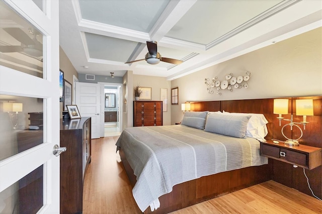 840 The Esplanade N Unit 805, Venice, FL 34285 - bedroom featuring coffered ceiling, light wood-style flooring, beam ceiling, ensuite bathroom, and ceiling fan