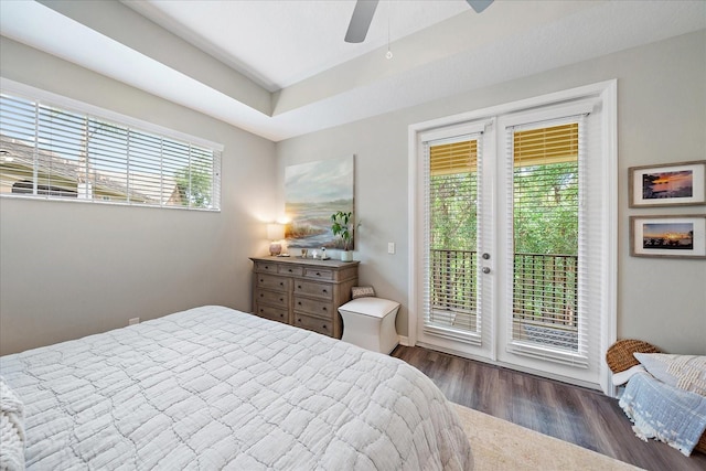 5427 Napa Dr, Sarasota, FL 34243 - bedroom with access to outside, wood finished floors, and ceiling fan