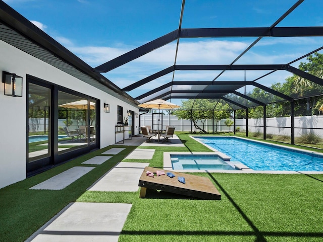 3439 Fair Oaks Pl, Sarasota, FL 34239 - view of pool with a patio, a fenced backyard, a pool with connected hot tub, and a lanai