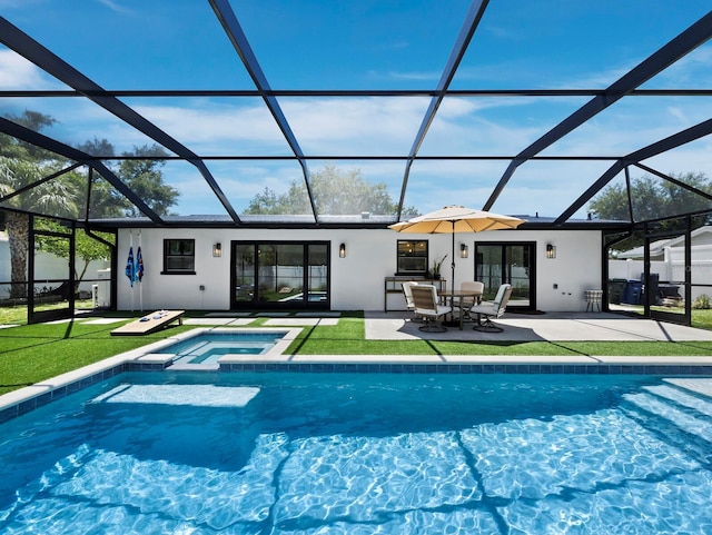 3439 Fair Oaks Pl, Sarasota, FL 34239 - view of swimming pool featuring a patio area, glass enclosure, a pool with connected hot tub, and french doors