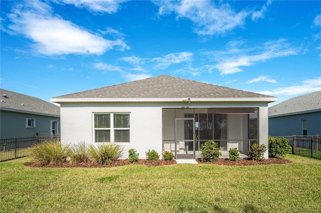 13832 Old Creek Ct, Parrish, FL 34219 - back of house featuring a sunroom, stucco siding, and roof with shingles