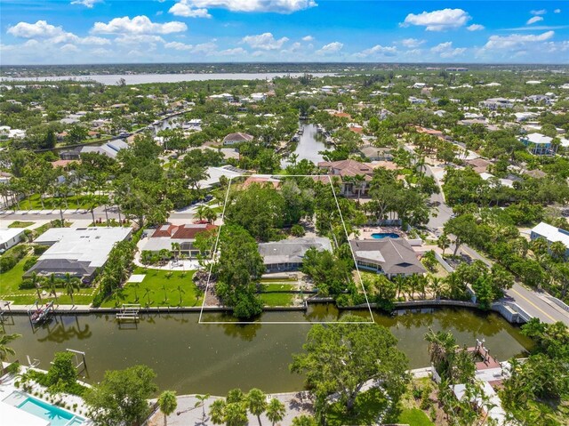 4920 Higel Ave, Sarasota, FL 34242 - aerial view of residential area with a large body of water and property parcel outlined