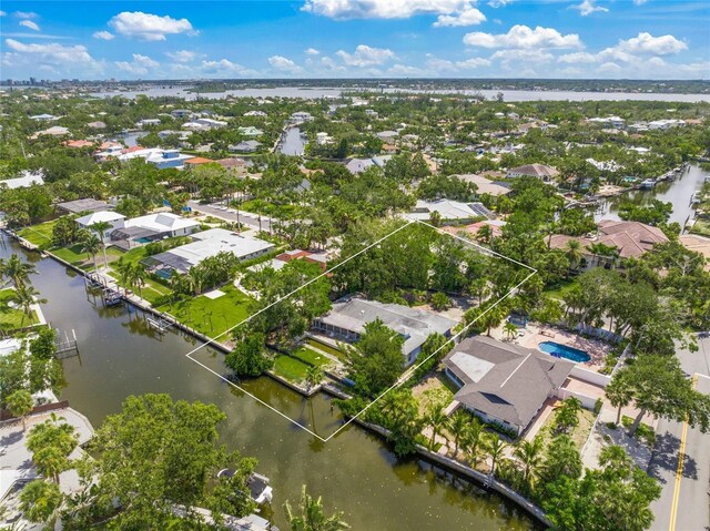 4920 Higel Ave, Sarasota, FL 34242 - aerial view of residential area featuring a large body of water and property parcel outlined