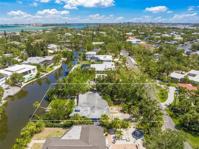 4920 Higel Ave, Sarasota, FL 34242 - aerial view of residential area with property parcel outlined and a nearby body of water