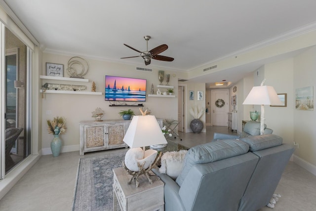 130 Riviera Dunes Way Unit 601, Palmetto, FL 34221 - living room featuring ornamental molding and ceiling fan