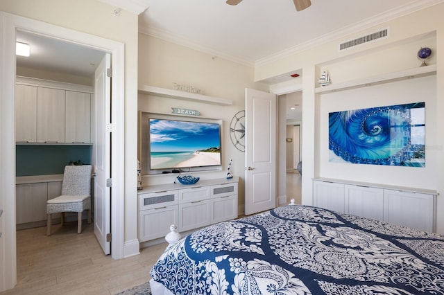 130 Riviera Dunes Way Unit 601, Palmetto, FL 34221 - bedroom with light wood-type flooring, crown molding, and ceiling fan
