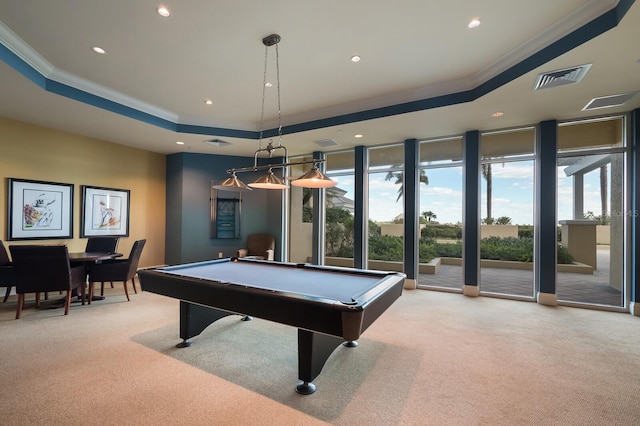 130 Riviera Dunes Way Unit 601, Palmetto, FL 34221 - playroom featuring carpet flooring, a tray ceiling, crown molding, floor to ceiling windows, and pool table