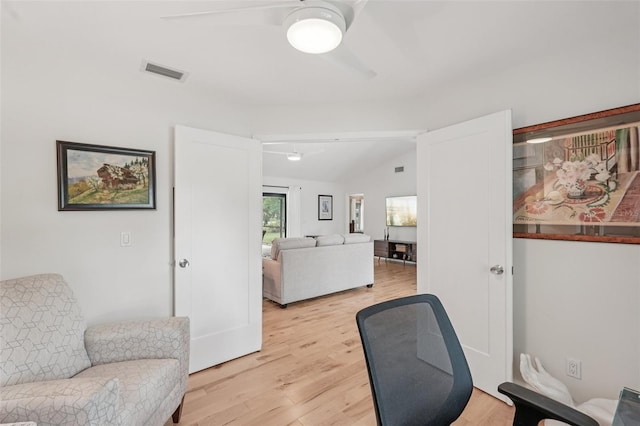 5283 Everwood Run, Sarasota, FL 34235 - office area with lofted ceiling, light wood-style flooring, and a ceiling fan