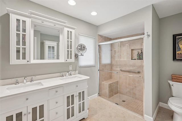 5283 Everwood Run, Sarasota, FL 34235 - full bathroom featuring a shower stall, double vanity, tile patterned floors, and recessed lighting